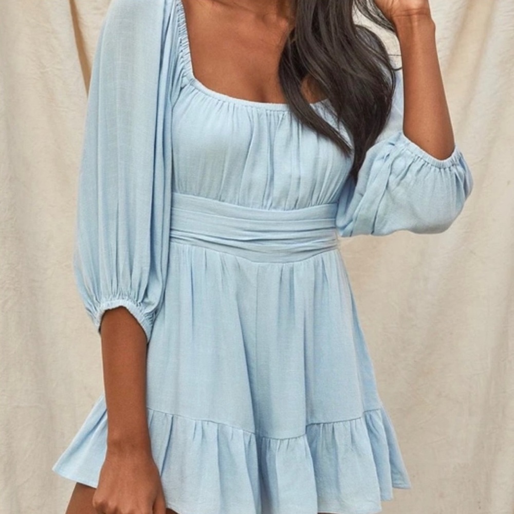 Lulu’s Light Blue Tie Back Puff Sleeve Romper